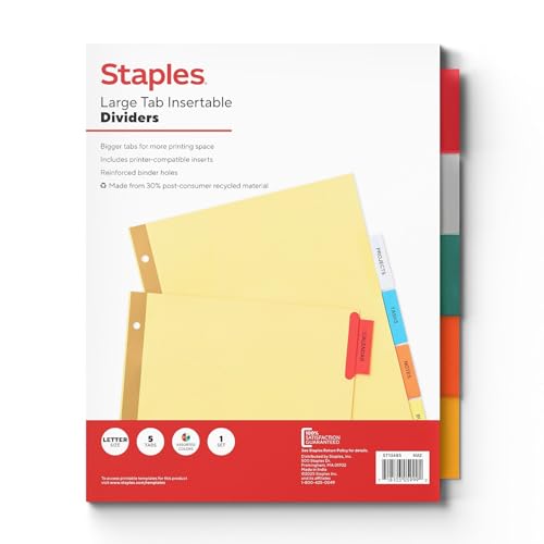 Staples Large Tab Insertable Dividers, 5-Tab, Buff Paper
