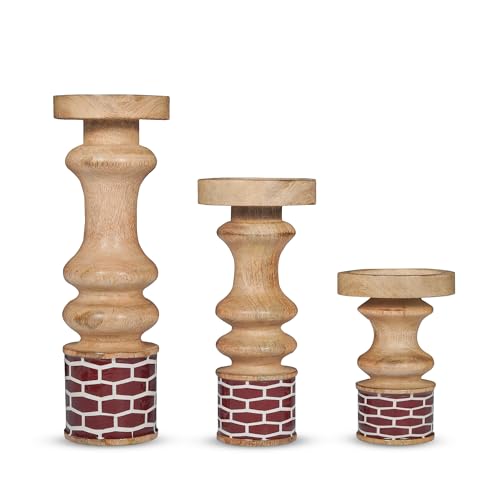 Mela Artisans Gramercy Wood Candle Holders - Red Natural, Set of 3