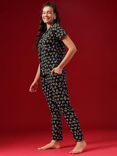 Image of Clovia Women's Cotton Printed Button Down Shirt & Pyjama Night Suit Set