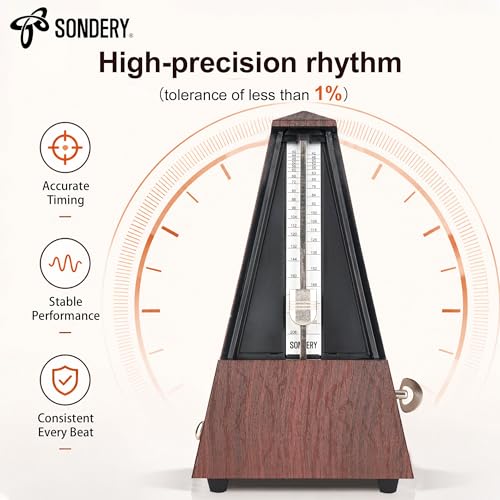 Sondery Classic Mechaniczny Metronom z dzwonkiem do fortepianu, gitary, perkusji, skrzypiec, saksofonu i wszystkich instrumentów, zakres tempa 40-208 bpm, uderzenia 02346, brązowa obudowa z wzorem