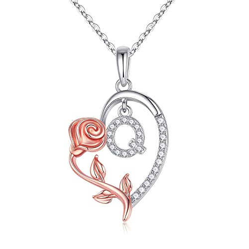 Rose Flower Pendant Heart Initial Necklaces for Women, Love Heart Letter Q Necklace Unique Initial Necklaces for Women Girls Wife Girlfriend Mom Mothers Day Valentines Birthday Christmas Gifts