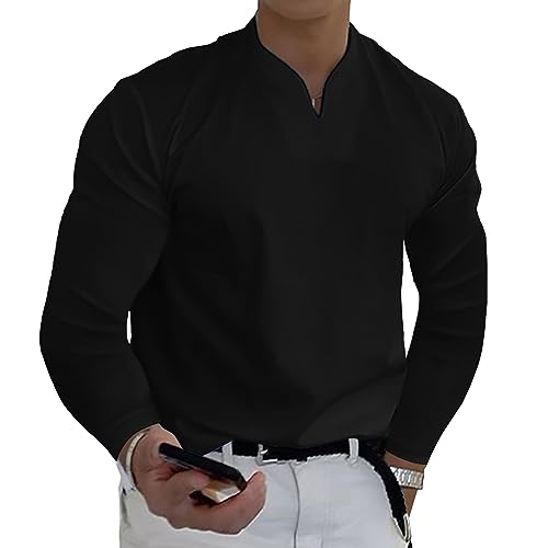 JEKE-DG Fashion V Neck Shirt for Men Long Sleeve Cotton Workout Casual Shirts Muscle Slim Fit Shirts with Pocket (4X-Large,Black)