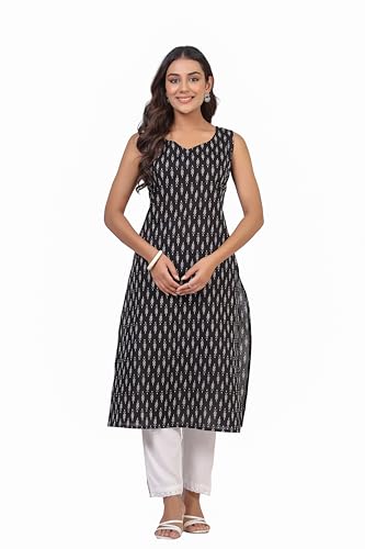Image of Ichaa Women's All-Over Printed Sleeveless Kurta | Straight Fit Ethnic Kurta | Round Neck Casual Ethnic Wear Kurta