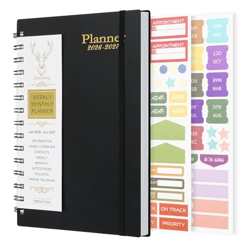 Diary Monthly Planner Notebook - 18 Months from Jan 2026 - Jul 2027 Academic Calendar Book A5 Spiral Bound Weekly Planning Journal for Teacher Student Calendar Notepad for School Work Travel (Black)