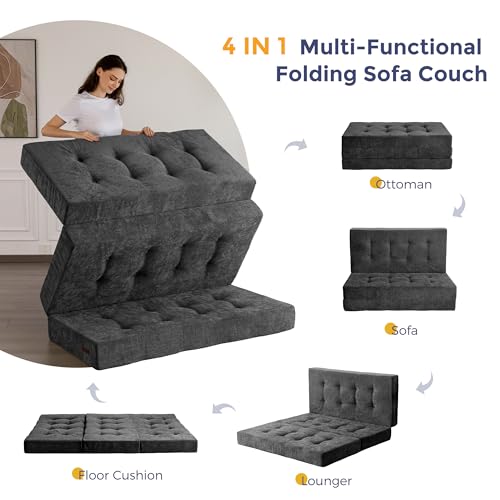 Image of MAXYOYO 6 inch Folding Sofa Bed for Floor, Tufted Tri-Fold Floor Mattress with Chenille Fabric, Queen Size Portable Sofa Couch Guest Mat for Adults, Foldable Topper for Camping, Dark Grey, 59 inchx78.7 inch