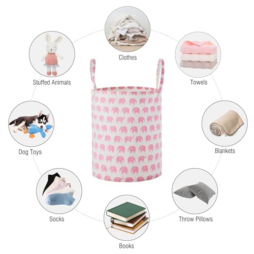 Image of Baby Laundry Basket Nursery Hamper with Long Handles, Pink Elephant