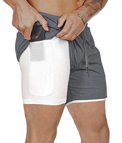 Akk Men s 2 in 1 Running Shorts Workout Training Yoga Gym Sport Short Pants with Zipper Phone Pockets Dark Grey