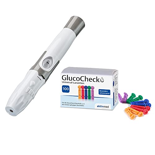 Stechhilfe und 100 Universal-Lanzetten von GlucoCheck (Vorteilsset). Zur Gewinnung eines Bluttropfens für die Blutzuckermessung bei Diabetes.