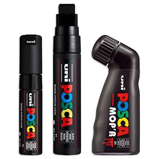 Posca - Juego de rotuladores de punta ancha - MOP'R, PC-17K, PC-8K - Tinta negra - Paquete de 3