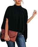 Melliflo Women's Mock Neck Loose Batwing Tops Half Sleeve Pleated Front Chiffon Blouses Oversized Summer Shirts Black