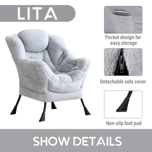 Image of LITA Lazy Chair with Armrests and Side Pocket, Modern Upholstered Accent Reading Chair for Living Room, Bedroom, Dorm, Small Spaces, Single Plush Grey