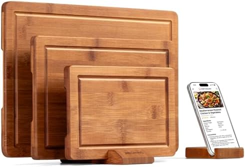 JINGNING Deep-Carbonized Bamboo Cutting Board Set for Kitchen wit...