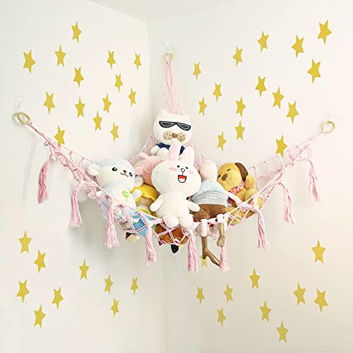 Stuffed Animal Toy Hammock Corner Hammock Organizer Display Rack Bohemian Net Bag For Hanging Toys Hanging Stuffed Animal Organizer Corner Toy Storage Rack Stuffed Animal Net Tassel 44 In (Pink) #TOP1
