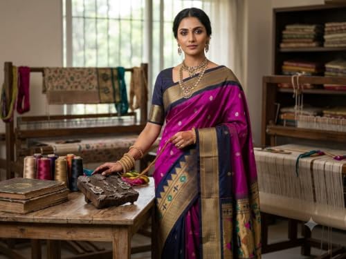 Generic navy blue paithani silk saree – image 2