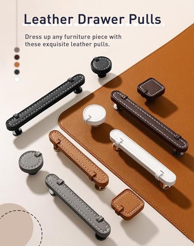 Image of 2 Pack Leather Cabinet Knobs - Brown Round Leather Drawer Pulls for Cabinets, Cupboard, Dressers, Drawers, Bedroom