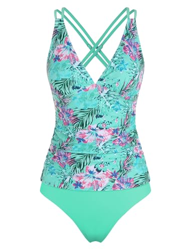 ZAFUL Womens Two Piece Tankini Modest Swimsuits for Women Solid Two Piece Bathing Suits Tummy Control Ruched Tankini Swim Suits with Shorts (Blue&Flowers S) — view 4