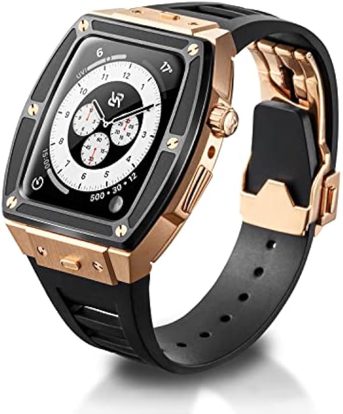 RYUEUYA Luxury Apple Watch Band Stainless Steel Case Rubber Band for 44/45mm, Quick Release Replacement Leather Bands for Series 7/6/5/4/SE Iwatch,BR-BR