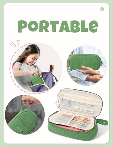Image of SUNEE Cute Pencil Case, Large Pencil Pouch, Soft Corduroy Fabric Big Pencil Bag with Zipper, Kawaii Pen Bag Stationery Storage and Organizer, School Supplies for Teen, Student, Boys, Girls, Soft Green
