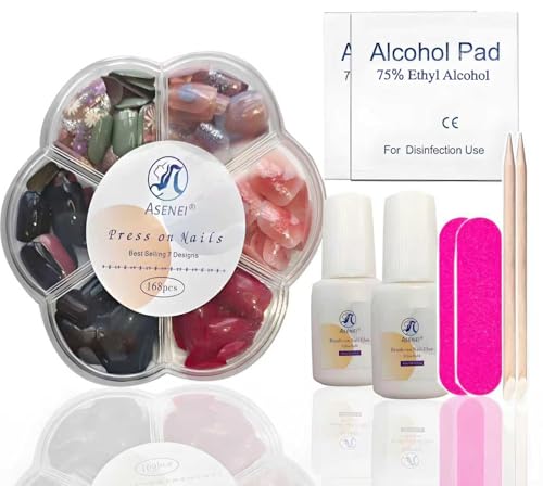 Pre-Designed Short Square Press on Nails Kit, 168 Pieces, 7 Designs Fake Nails, with 2 Bottles Reliable hold Nail Glue and Nail tools, All in 1 Stick on Nails (Short Square finger nail kit)