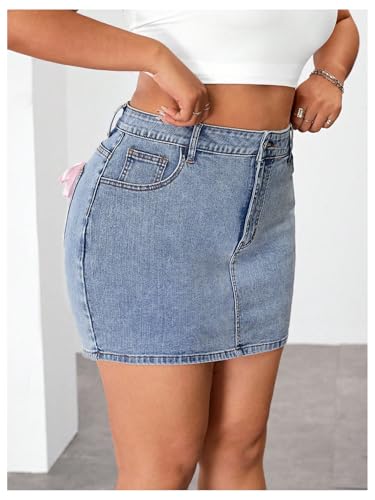 MakeMeChic Women's Plus Size Summer Denim Skirt Bow Stretchy Bodycon Y2k Mini Jean Skirts3