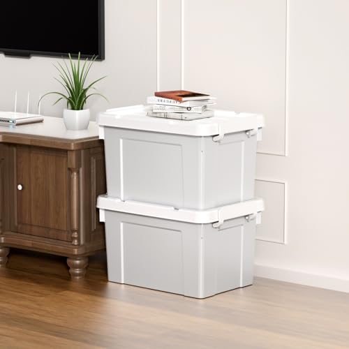 Cetomo 20L*4 Aufbewahrungsboxen, Tragbare Plastikboxen mit Deckeln, Organizer-Behälter mit Griff und Clips, Stapelbar, Ineinander Nestbar, für Zuhause und Büro, Grau, 20L-4er Pack