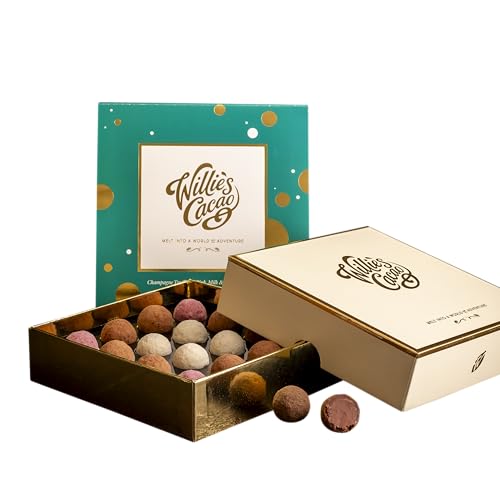 Willies Cacao - Champagne Truffle Gift Box - Selection of Pink Milk & Dark Marc de Champagne truffles - 110g - Luxury Chocolate Gift
