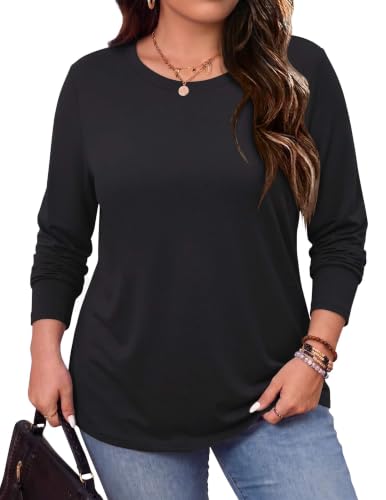 Image of IN'VOLAND Womens Plus Size Long Sleeve Shirts Crew Neck Basic Tee Fall Tops | Lightweight T-shirts Casual Blouses Fall Outfits