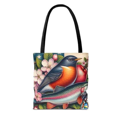 Premium Tote Bag with Reinforced Stitching - Apple Blossom, American Robin, Brook Trout, Michigan Symbols2