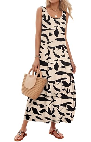 MOLERANI Sommerkleid Damen Ärmel Maxi Kleid Rundhalsausschnitt Maxikleider Freizeit Strandkleid mit Taschen Aprikose Schwarz Blatt XXL