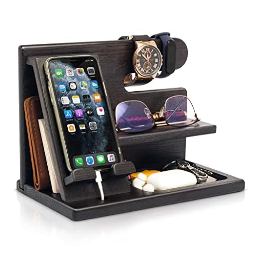 TESLYAR Wood Phone Docking Station Ash Key Holder Wallet Stand Watch Organizer Men Gift Husband Wife Anniversary Dad Birthday Nightstand Purse Father Graduation Male Travel Idea Gadgets (Black)