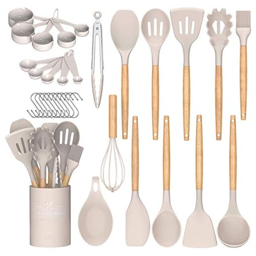 Umite Chef - Juego de 24 utensilios de cocina de silicona antiadherentes y resistentes al calor con mango de madera y soporte (caqui)