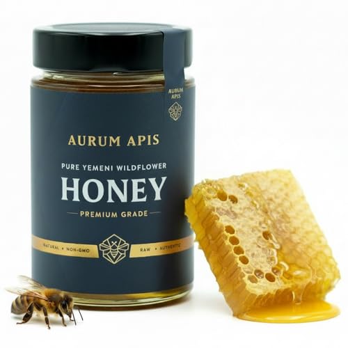 Image of Aurum Apis Raw Yemeni Wildflower Honey, 100% Raw Unfiltered Pure Honey, Hand Harvested Organic Honey, Non-GMO, Rich in Nutrients & Energy Source, Respiratory Relief, Certified Thick Honey - 330g Honey Jar