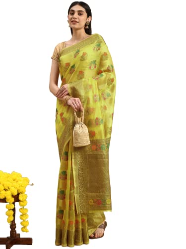Blissta Sari de organza Kanjeevaram amarillo para mujer con blusa sin costuras