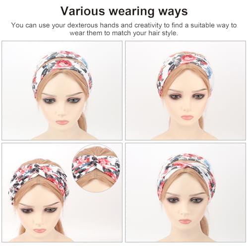 Image of DRESHOW 4 Pack Boho Non-Slip Headbands for Women Girls Yoga Workout Running Knotted Turban Floral Elastic Head Wrap