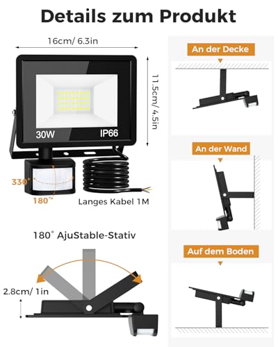 vighep Led Strahler mit Bewegungsmelder Außen, 30W Superhell LED Fluter mit Fernbedienung, IP66 Wasserdicht Scheinwerfer, 6500K Kaltweiß Aussenlampe für Garten Garage Hof Wand