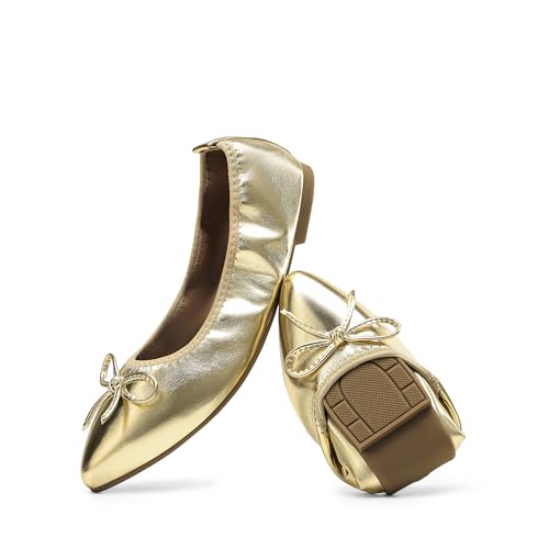 DREAM PAIRS Women's Foldable Flats Shoes Pointed Toe Ballet Flats Bowknot Comfort Slip on Dress Shoes 6.5 Gold