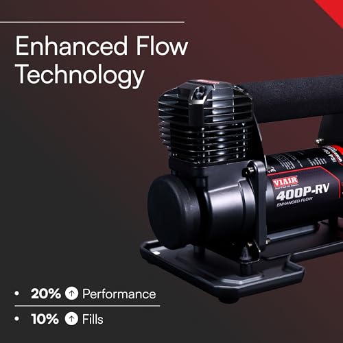 Image of VIAIR 400P-RV EF Enhanced Flow - 40144 12V Tire Inflator Portable Air Compressor with RV Inflation Gun, 90 Degree Chuck | 33% Duty Cycle @ 100 PSI, Max Pressure 150 PSI (SAE, Alligator Clips)
