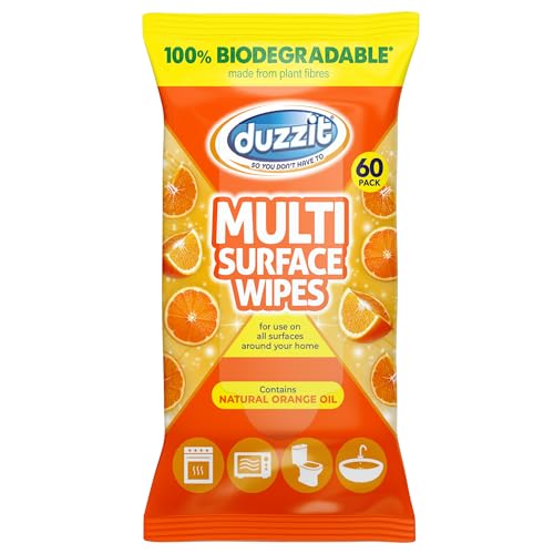 Duzzit Multi Surface Wipes - Contains Natural Orange Oil | 100% Biodegradable - Made From Plant Fibres | Suitable for Kitchens Bathrooms Offices & More (60 Wipes Orange)