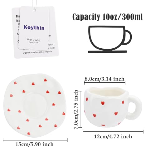 Image of Koythin 10oz Ceramic Mug With Saucer, Small Red Heart Couple Latte Tea Cup