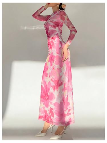Image of Milumia Women's Floral Print Sheer Dress Crew Neck Long Sleeve Bodycon Maxi Dresses