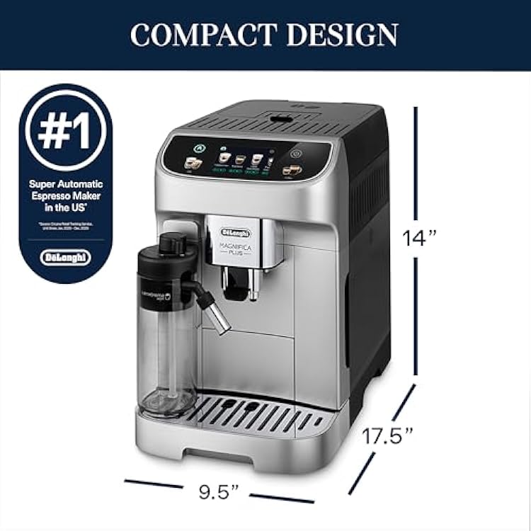 ماكينة إسبرسو De'Longhi Magnifica Plus الأوتوماتيكية بالكامل - تحضير 18+ وصفات قهوة بلمسة واحدة لما يصل إلى 4 ملفات تعريف للمستخدمين، عصا بخار الحليب الأوتوماتيكية ومطحنة مدمجة، شاشة تعمل باللمس
