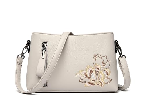 Trendy Small Crossbody Purse Bag With Peony Flower Embroidery PU Leather Lightweight Handbags Shoulder Bag