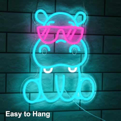 Image of Hippo with Pink Sunglasses Neon Sign Cute Animal LED Sign for Bedroom Decor