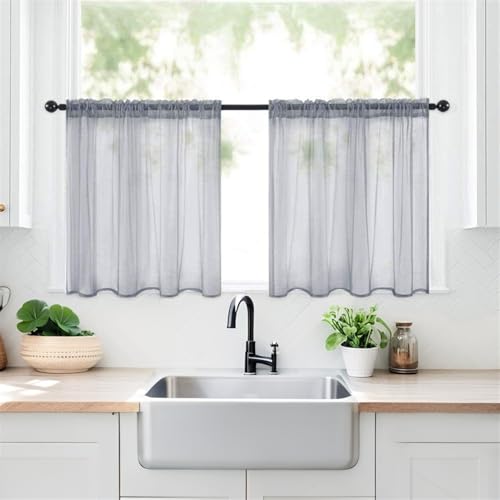 Haoyunll 2 Pieza Cortina Cocina translúcidas Color café para Cocina, cenefas Cortas para Ventanas pequeñas, 76x92cm, Gris