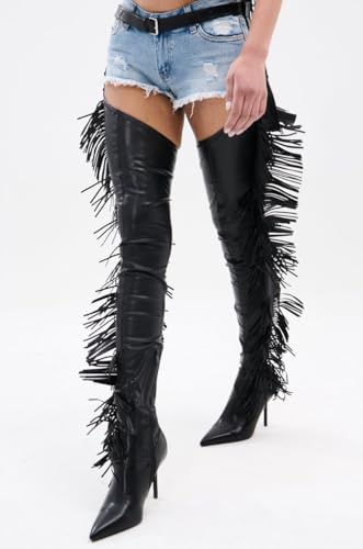 MissHeel Thigh High Belted Chap Boots with Fringe Sexy Over the Knee Stiletto Boot Side Zipper3