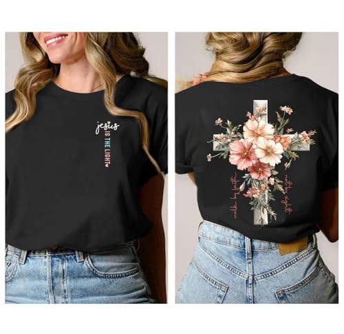 Faith Cross Christian T-Shirt with Boho Floral Cross Print Short Sleeve Casual Graphic Tee for Women2