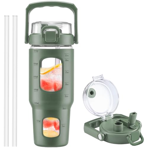BLUEGO 32oz Glass Water Bottle with Handle and Straw|Leakproof Sports Glass Bottle with Time Marker and Silicone Sleeve|Glass Drinking Bottle for Travel, Gym, Workout, Olive