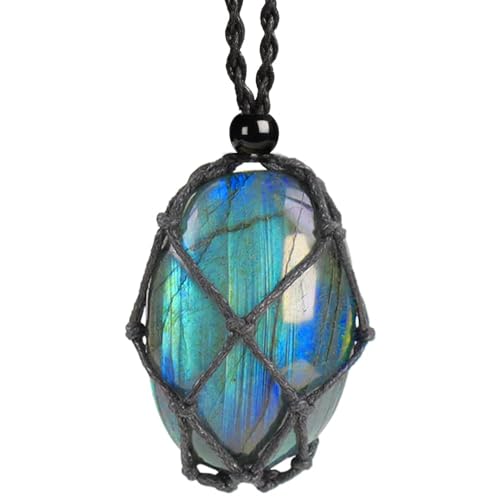 weryerker Natural Gemstone Labradorite Pendant Necklace Healing Crystal Stone Pendant with Hand-Woven Rope Adjustable for Women Men (1PC Labradorite)