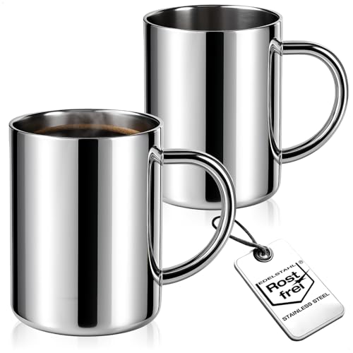 Wilhelm Sell® 2x tazze termiche 450 ml in acciaio inox – bicchieri a doppia parete con manico – resistenti, senza BPA e infrangibili – ideali per campeggio, viaggio e uso quotidiano (450ml - 2 pezzi)