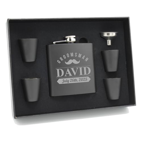 My Personal Memories, Personalized Black Matte Flask Set - Wedding Groomsmen - Custom Engraved and Monogrammed